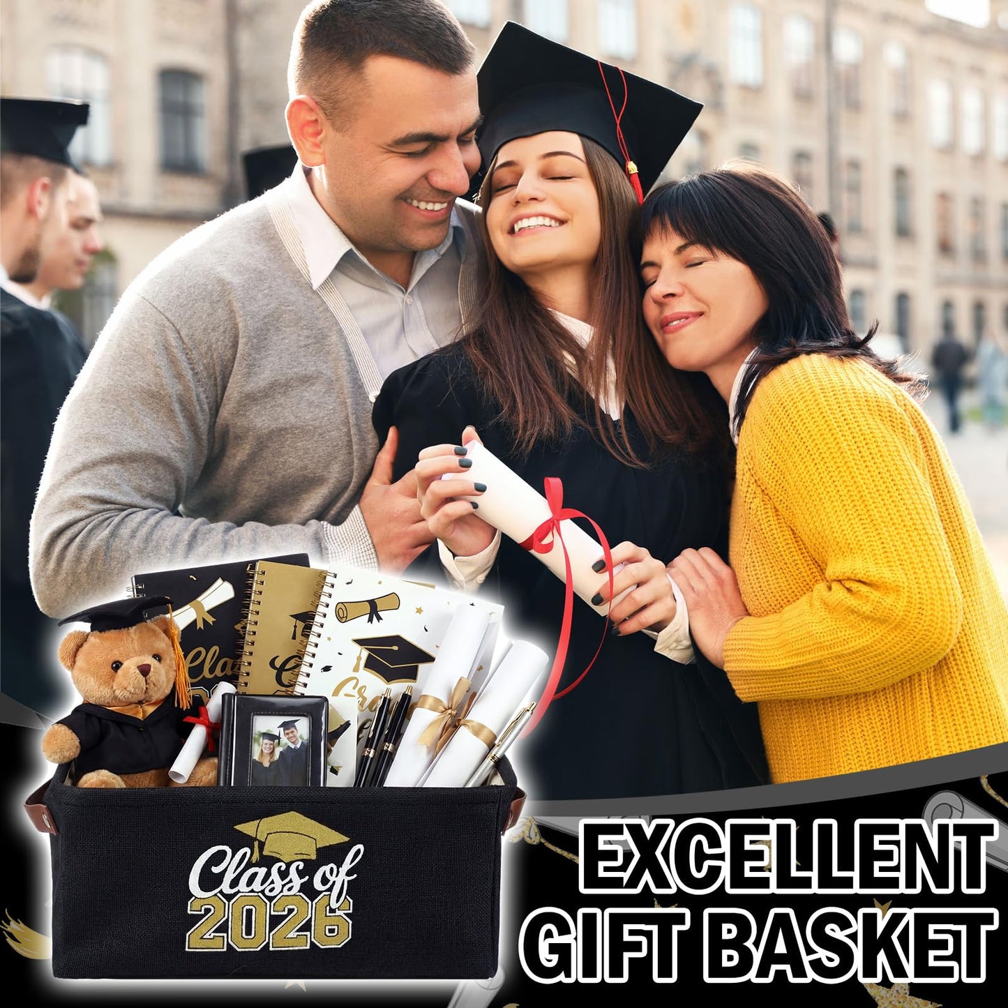 Graduation Gifts Basket Class of 2026 Storage Box with Handle Congrats Grad Gift Storage Basket for High School College Decor Party Favor Keepsake 14 x 10 x 6.3(Classic,Black and Gold)