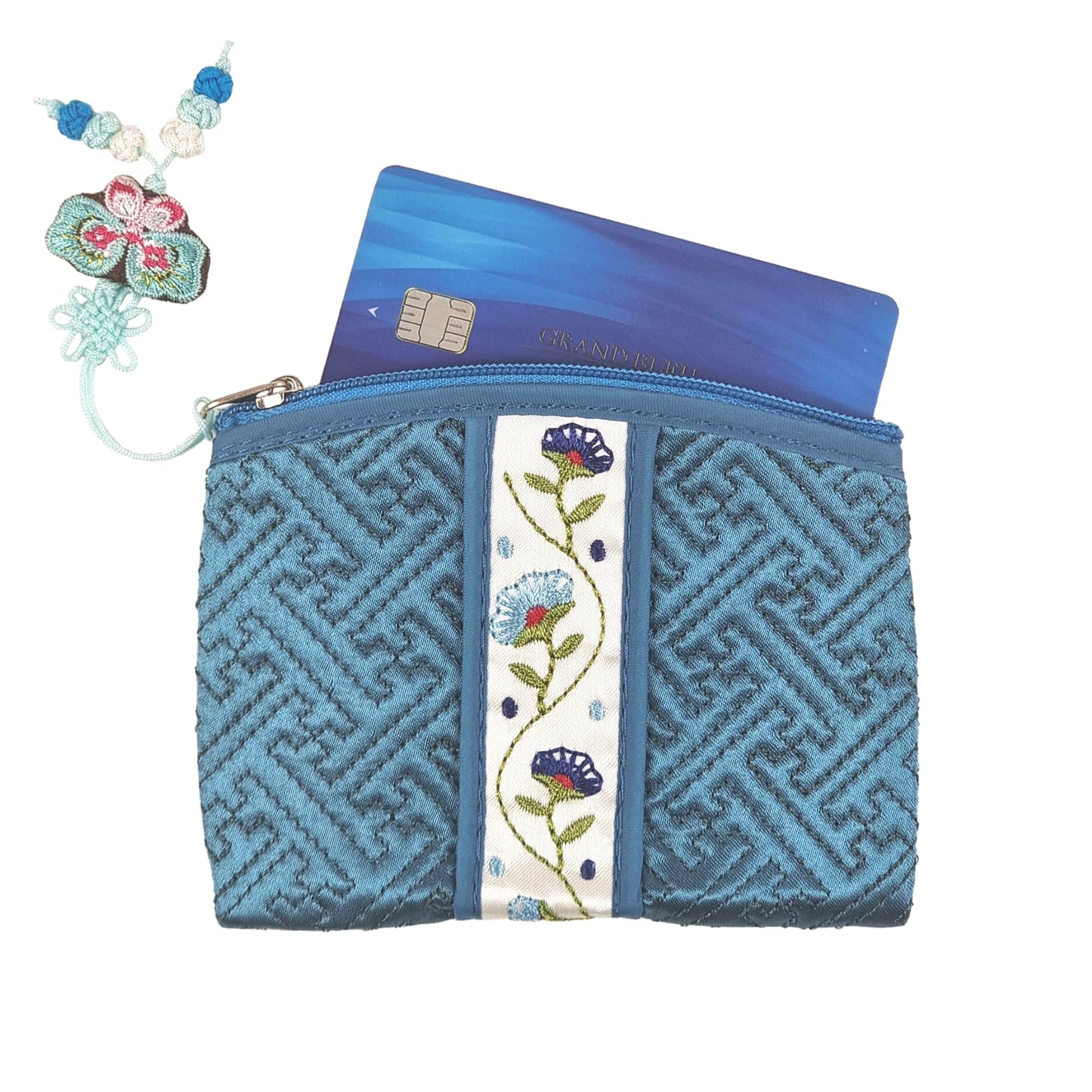 Seoulful Vintage Korean Embroidered Card Pouch - Wildflower Design Coin Purse with Butterfly Charm - Traditional Korean New Year's Gifts (Mint)
