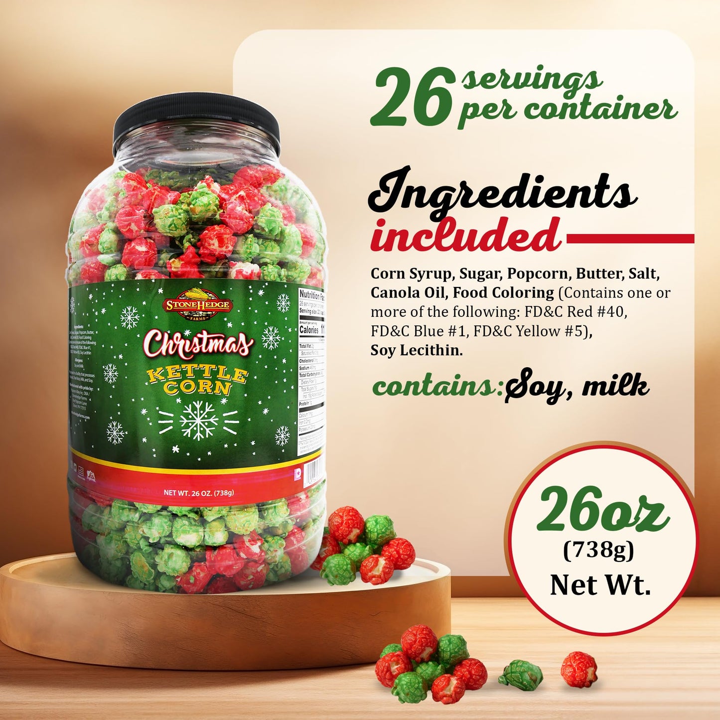 Stonehedge Farms Christmas Kettle Corn Popcorn | 26 oz Large Tub | Perfect for the Holidays | Green and Red | Bulk Gourmet Popped Sweet Snacks | Pop Corn Gift