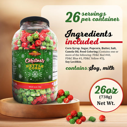 Stonehedge Farms Christmas Kettle Corn Popcorn | 26 oz Large Tub | Perfect for the Holidays | Green and Red | Bulk Gourmet Popped Sweet Snacks | Pop Corn Gift