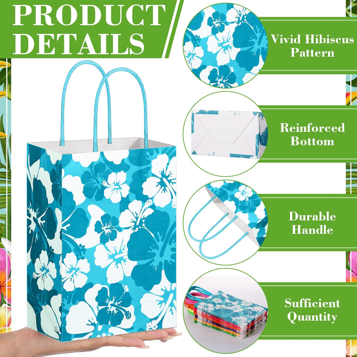 Teling 24 Pcs Hibiscus Party Favor Hawaiian Themed Paper Bags with Handles Summer Tropical Gift Tiki Luau Treat Hawaii Goodie Bags Kids Birthday Party Supplies Multicolor 8.3 x 6 x 3