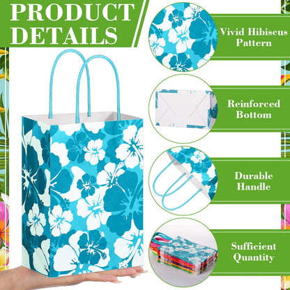 Teling 24 Pcs Hibiscus Party Favor Hawaiian Themed Paper Bags with Handles Summer Tropical Gift Tiki Luau Treat Hawaii Goodie Bags Kids Birthday Party Supplies Multicolor 8.3 x 6 x 3