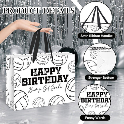 HSKMAKE Large Volleyball Birthday Gift Bag, Black White Volleyball Theme Gift Bag, with Card and Tissue Paper, Sports Party Gift Bags, for Boys, Girls, Fans, Birthday Party Favor Decorations Supplies