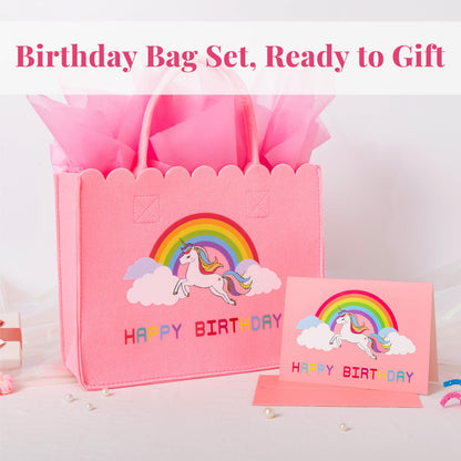 Crisky Felt Unicorn Gift Bag for Girls, Reusable Unicorn Birthday Gift Bags for Girls with Birthday Card, Pink Tote Bag for 4th 5th 6th 7th 8th 9th 10th Bday Party Decorations Gifts Ideas