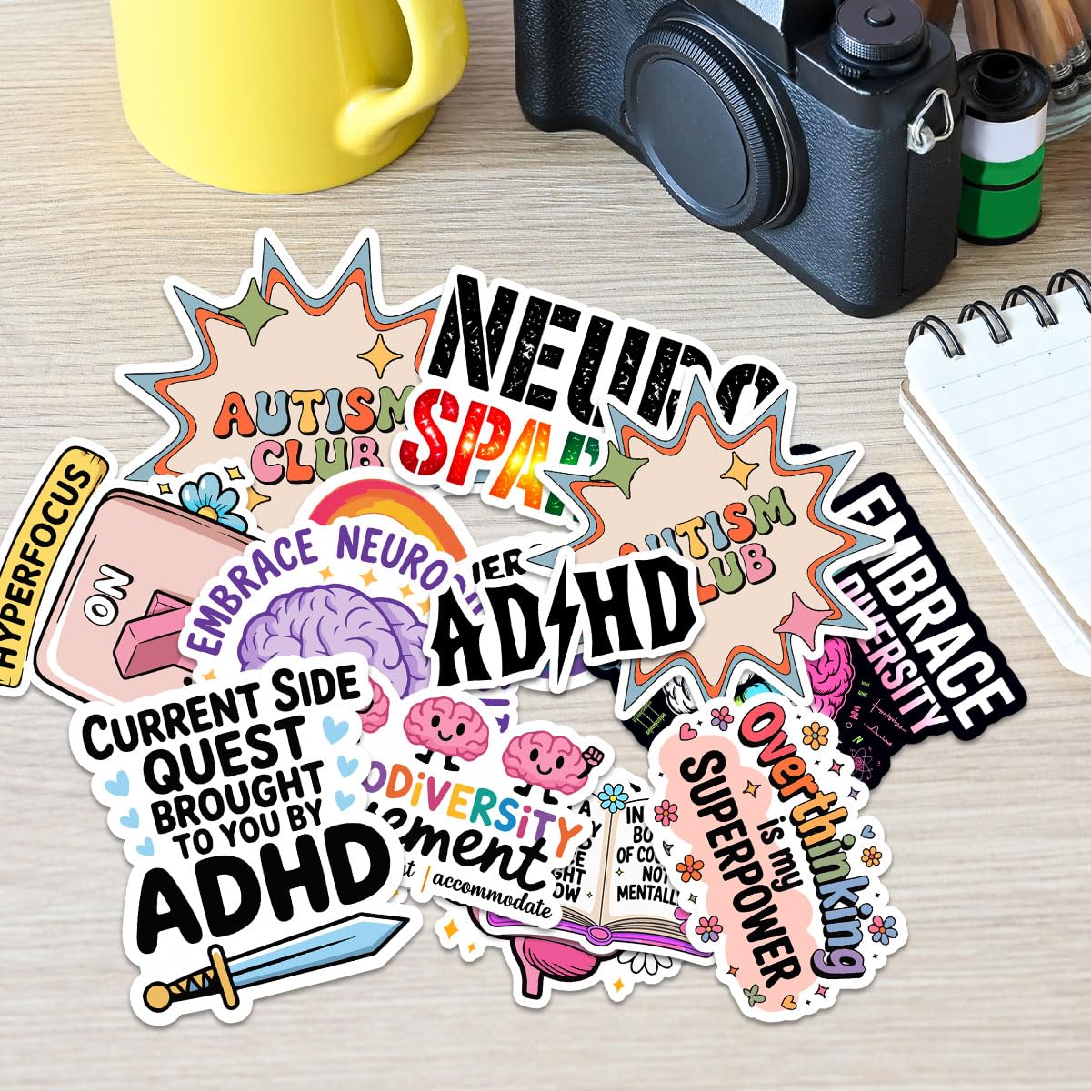 12pcs ADHD Stickers Pack, Funny Mental Health Neurodivergent Stickers, Neurodiversity Hyperfocus Sticker, ADHD Awareness Therapy Gifts Decal Waterproof for Kids Adults, Laptop Tablet Water Bottle