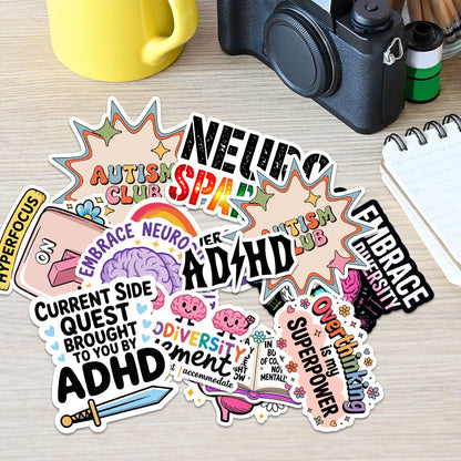 12pcs ADHD Stickers Pack, Funny Mental Health Neurodivergent Stickers, Neurodiversity Hyperfocus Sticker, ADHD Awareness Therapy Gifts Decal Waterproof for Kids Adults, Laptop Tablet Water Bottle