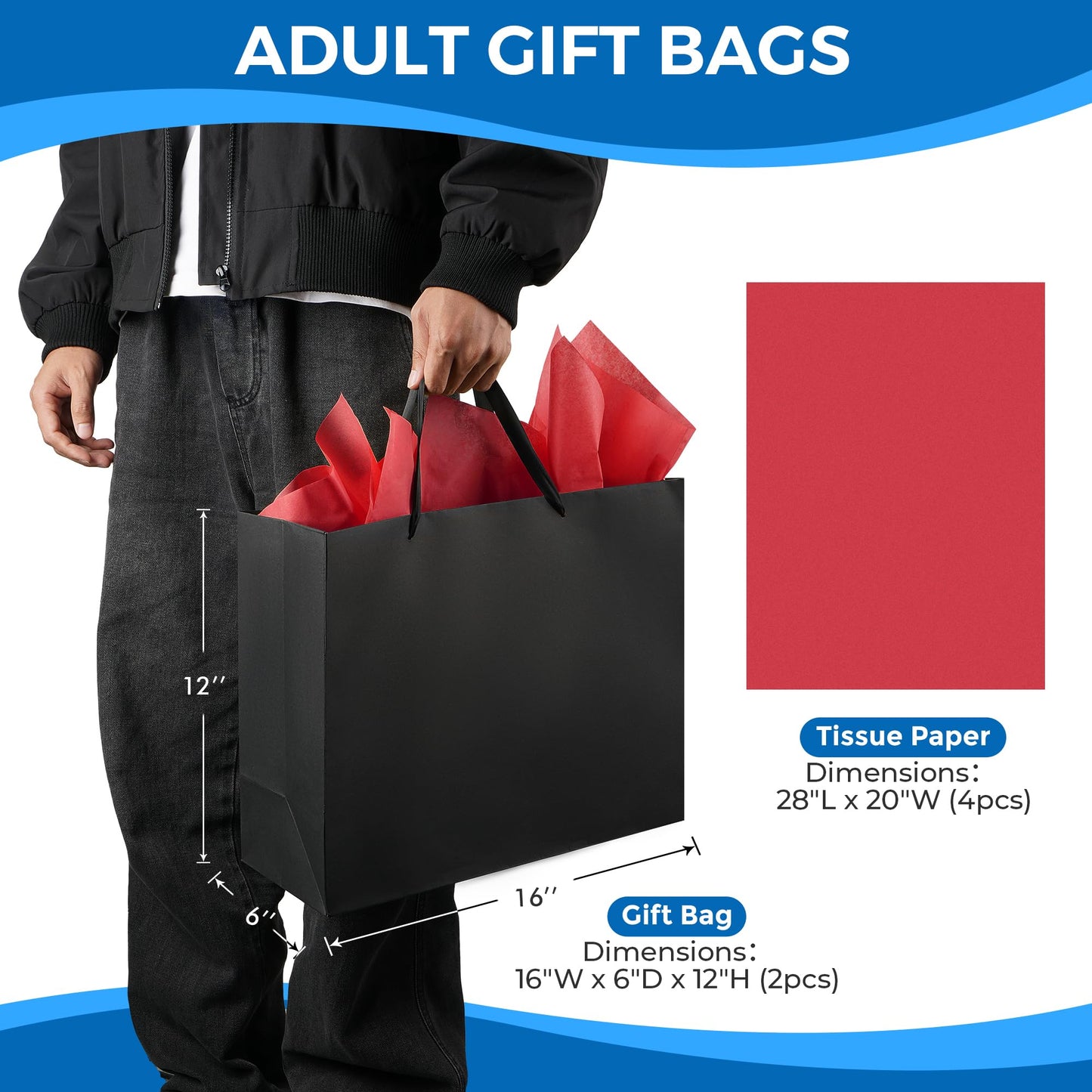 Argivean Extra Large Black Gift Bags: 2pcs 16x6x12 Inch Gift Bags With Handle For Birthday Wedding Party Business (With Red Tissue Paper)