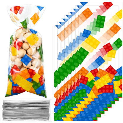 100 Pcs Building Block Cellophane Treat Bags, Birthday Party Supplies Candy Goodie Bags with 100 Silver Twist Ties for Summer Themed Party Favors(Clear Background)