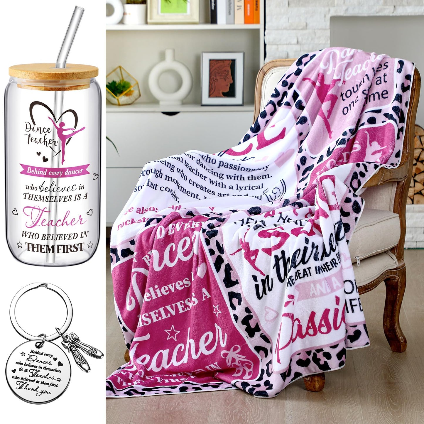 SmoothNovelty 3 Pcs Dance Teacher Gifts for Women Graduation Dance Teacher Appreciation Gifts Back to School Present 50 x 60 Inch Blanket 16 oz Glass Cup Keychain Dancer Love Graduation Party Supplies