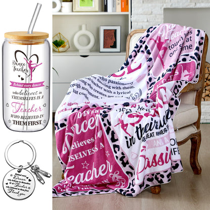 SmoothNovelty 3 Pcs Dance Teacher Gifts for Women Graduation Dance Teacher Appreciation Gifts Back to School Present 50 x 60 Inch Blanket 16 oz Glass Cup Keychain Dancer Love Graduation Party Supplies
