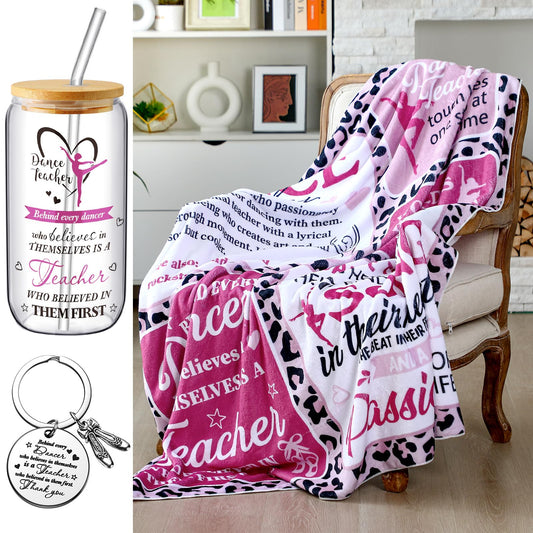SmoothNovelty 3 Pcs Dance Teacher Gifts for Women Graduation Dance Teacher Appreciation Gifts Back to School Present 50 x 60 Inch Blanket 16 oz Glass Cup Keychain Dancer Love Graduation Party Supplies