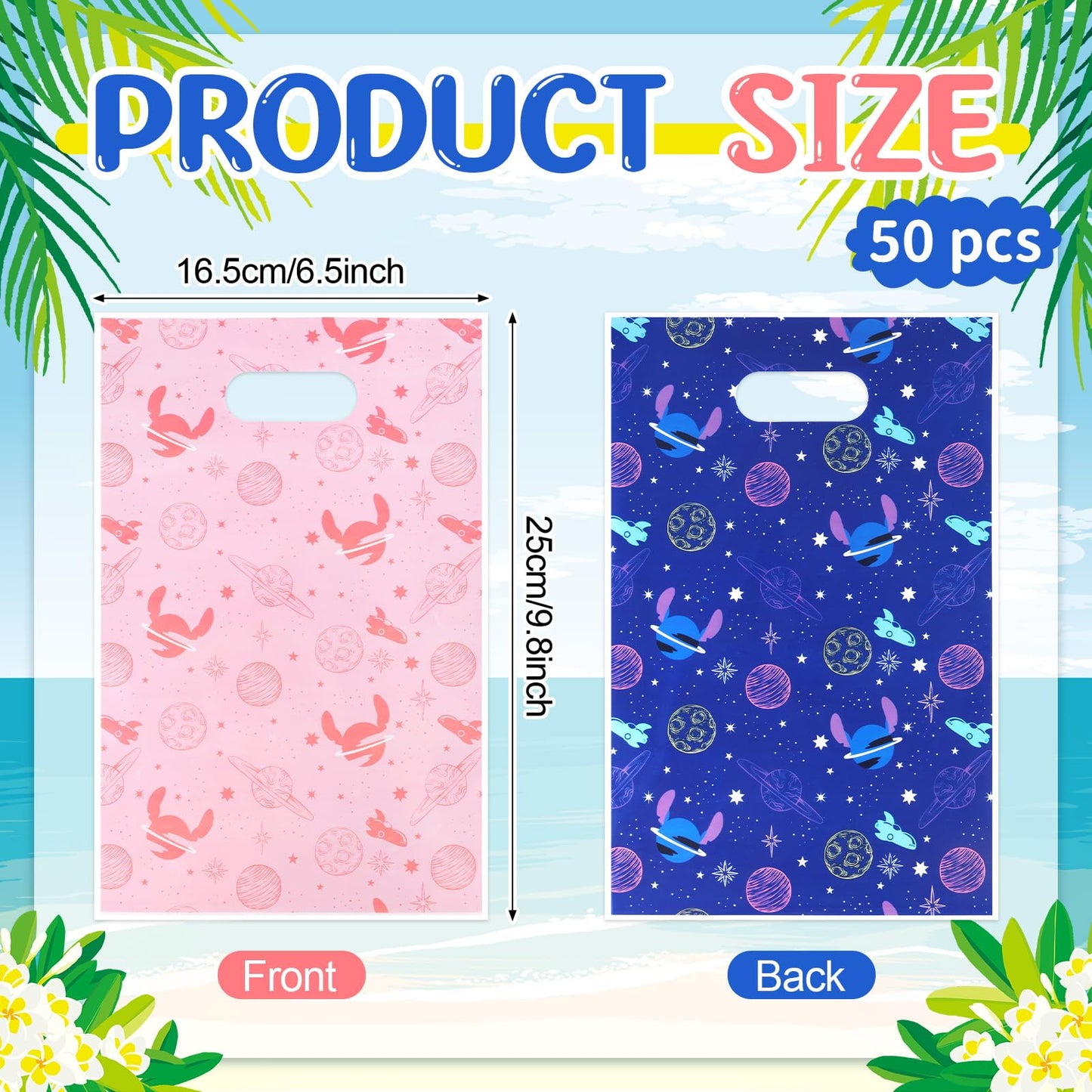Czlotyh 50 PCS Cartoon Themed Party Favor Bags Plastic Birthday Goodie Bags Blue Pink Candy Bags for Holiday Birthday Party Gift Giving Decorations