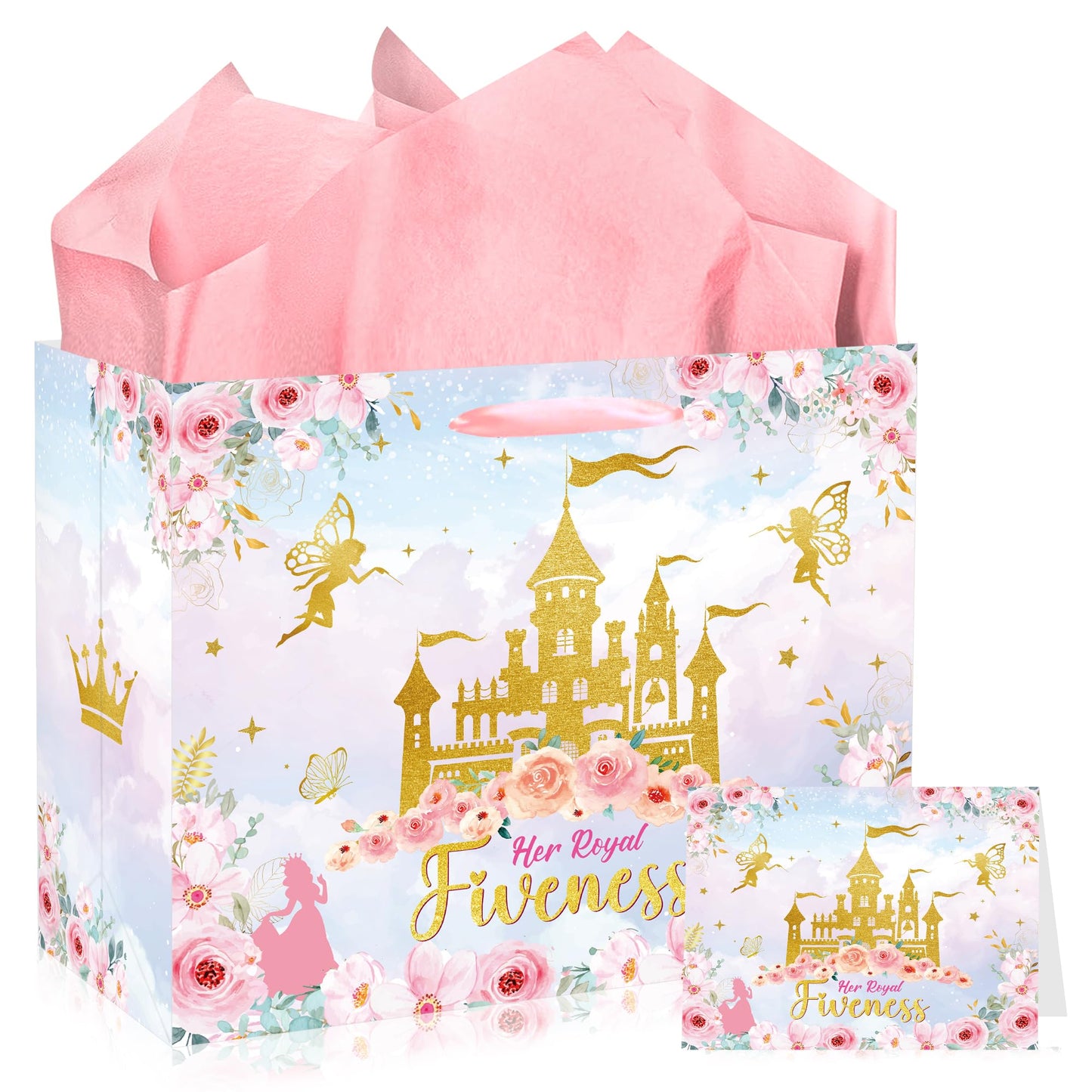 MOIZYNG Her Royal Fiveness Birthday Gift Bag, Pink Gold Castle Floral Princess 5th Birthday Gift Wrap Bags with Handles, Tissue Paper and Greeting Card for Girls 5 Year Old Party Favors Decorations