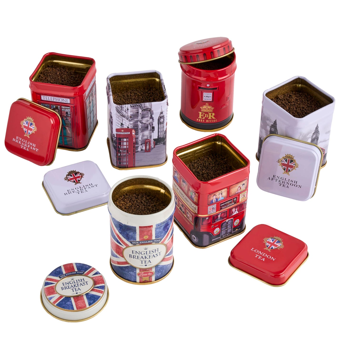 New English Teas British Icons 6x Tea Tin Gift Pack with 140g Loose English Tea - Union Jack, London Bus and Phone Box, UK Souvenir
