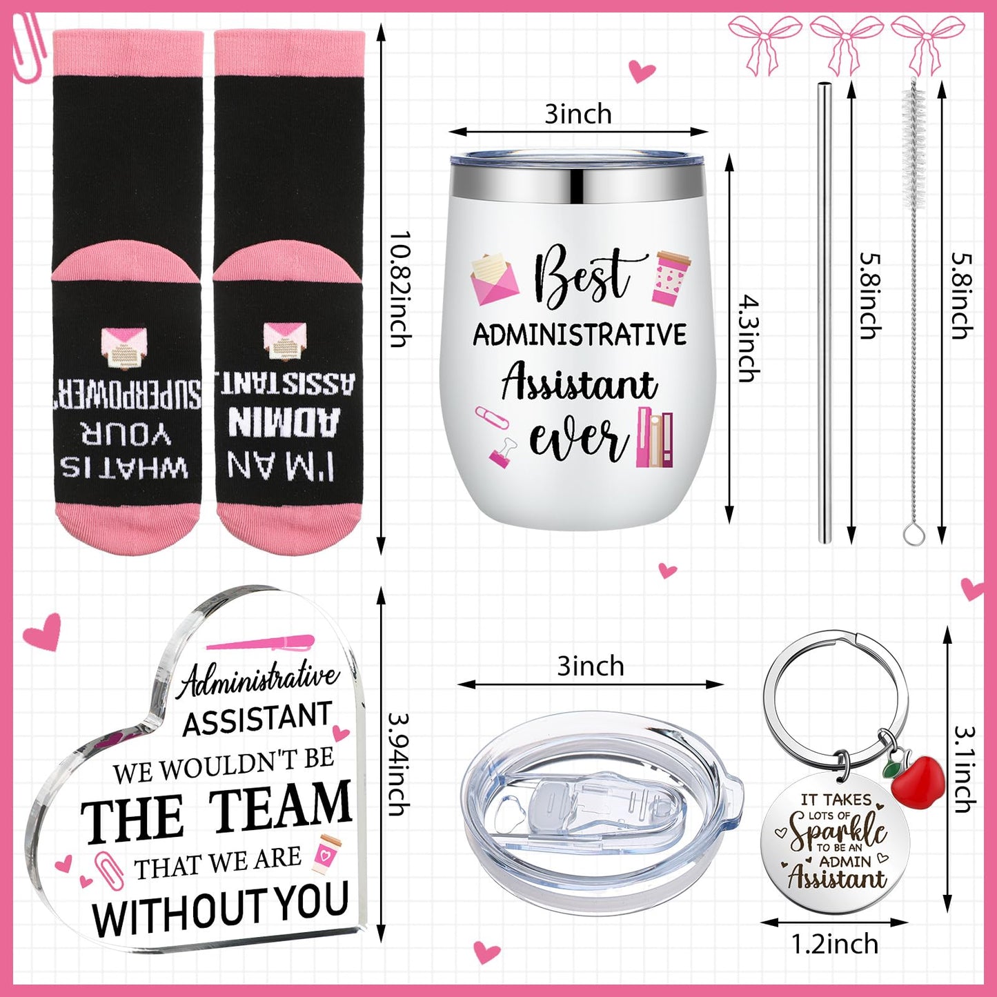 FoldTier 5 Pcs Administrative Assistant Gifts Set 12oz Tumbler Socks Keychain Heart Acrylic Sign Box Admin Professional Day Secretary Thank You Gift for Women Lady Coworkers Office