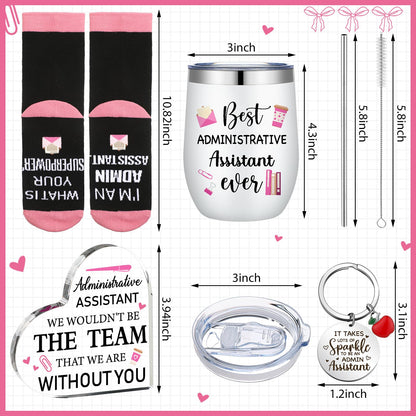 FoldTier 5 Pcs Administrative Assistant Gifts Set 12oz Tumbler Socks Keychain Heart Acrylic Sign Box Admin Professional Day Secretary Thank You Gift for Women Lady Coworkers Office