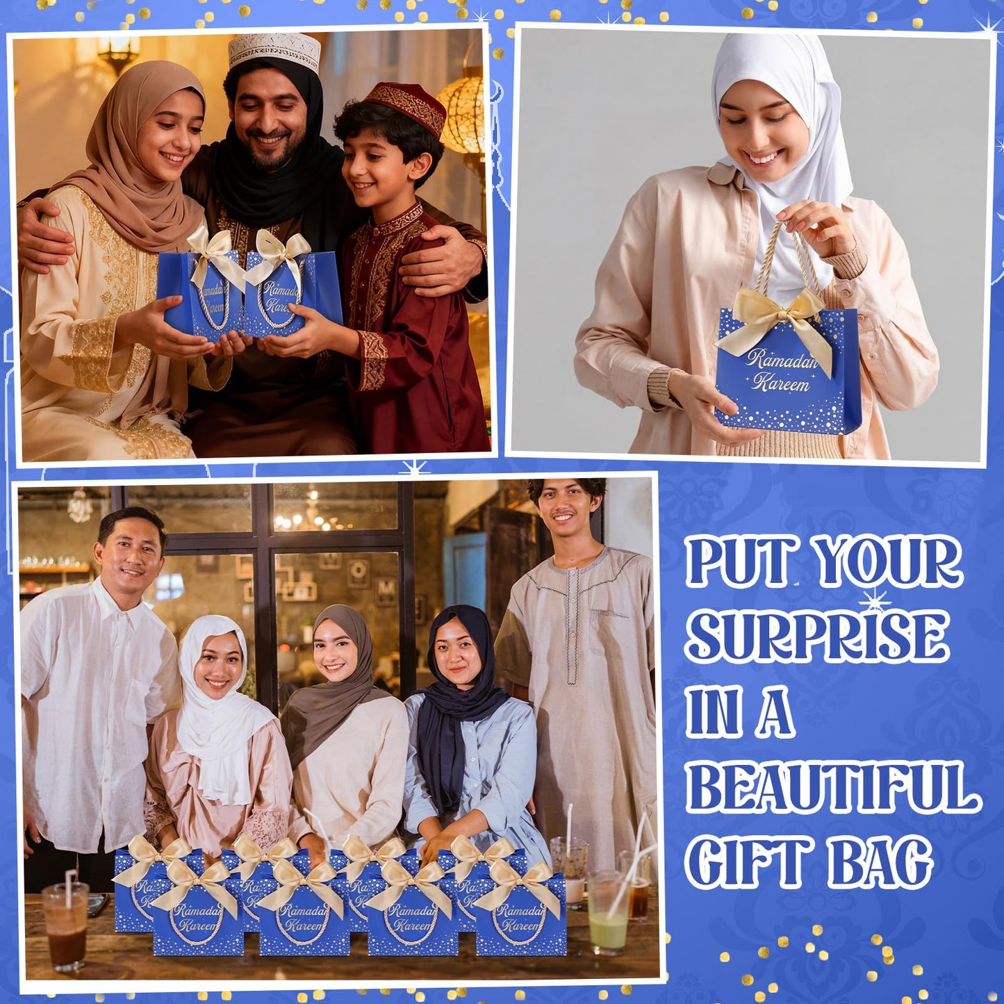 Glenmal 30 Pcs 5.51x2.36x4.72'' Ramadan Gift Bags Ramadan Mubarak Blue Paper Party Bags Eid Mubarak Treat Goodie Bag with Handle and Ribbon for Ramadans Kareem Eid Mubarak's Party Supplies
