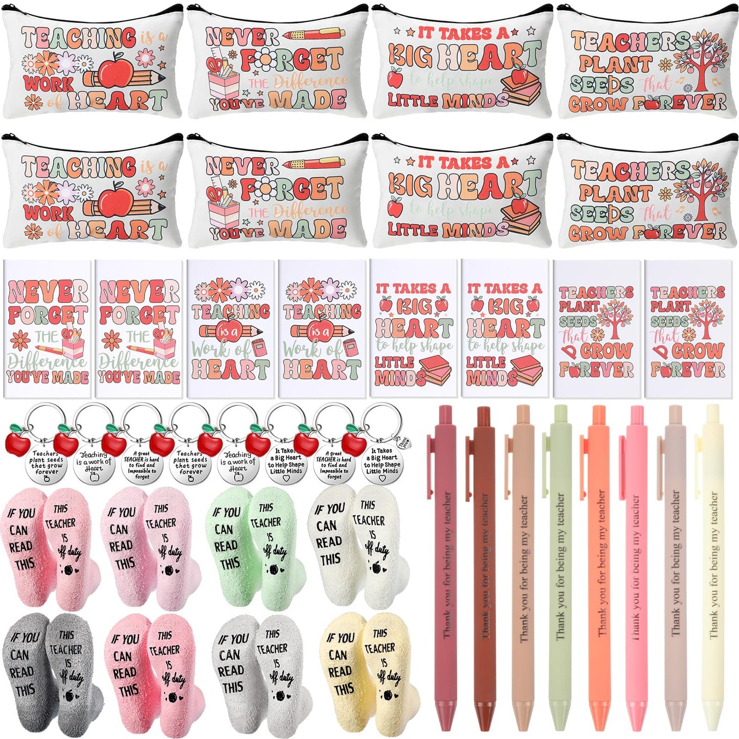 Fulmoon 40 Pcs End of Year Teacher Gifts Bulk Socks Makeup Bags Keychains Motivational Notebooks Ballpoints for Women Teacher Graduation Gifts