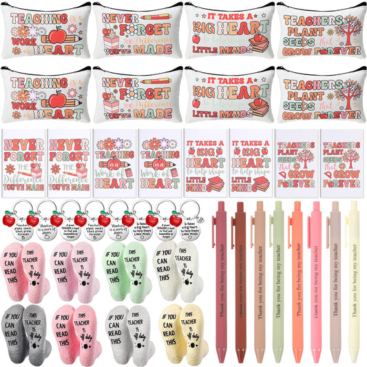 Fulmoon 40 Pcs End of Year Teacher Gifts Bulk Socks Makeup Bags Keychains Motivational Notebooks Ballpoints for Women Teacher Graduation Gifts