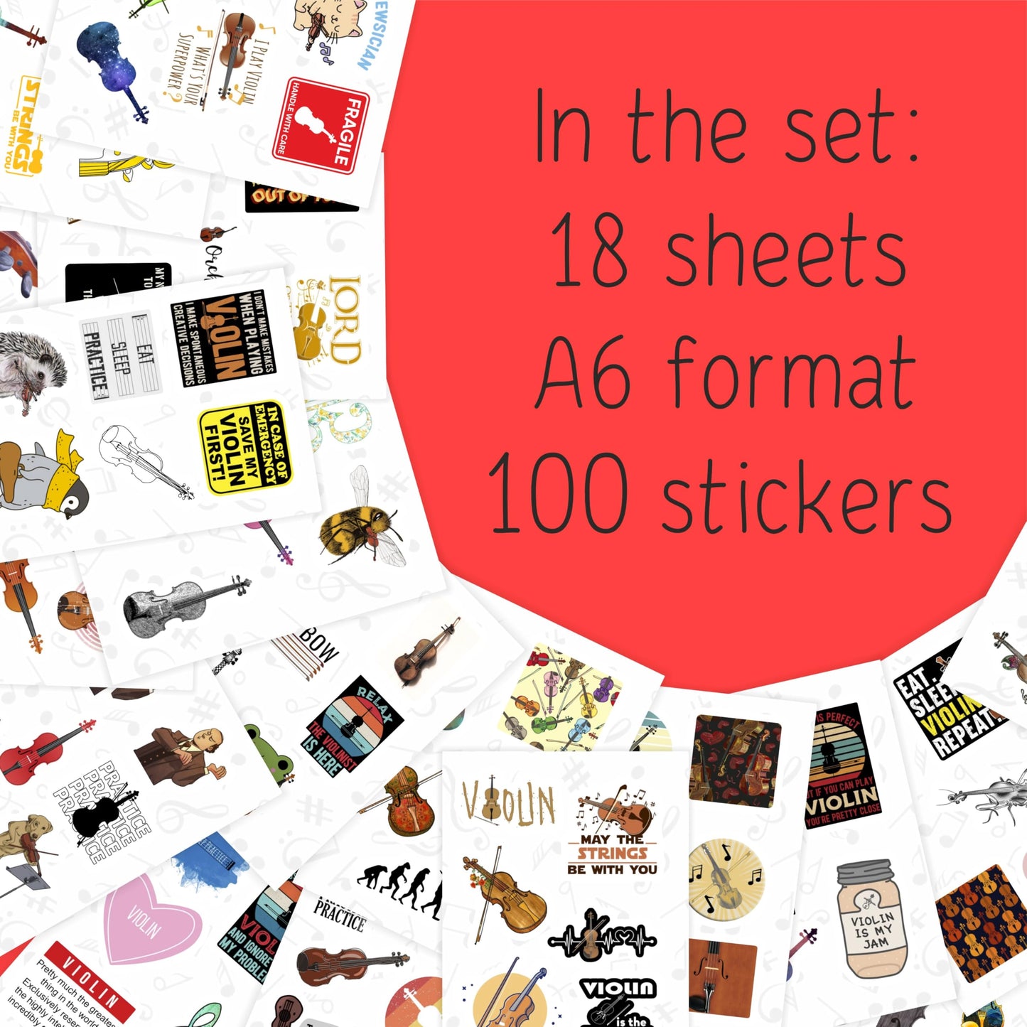 BulbaCraft 100Pcs Violin Stickers for Water Bottle and Laptop - Violin Party Supplies & Decorations, Waterproof Vinyl Decals, Music and Instrument Stickers, Gifts for Women & Men