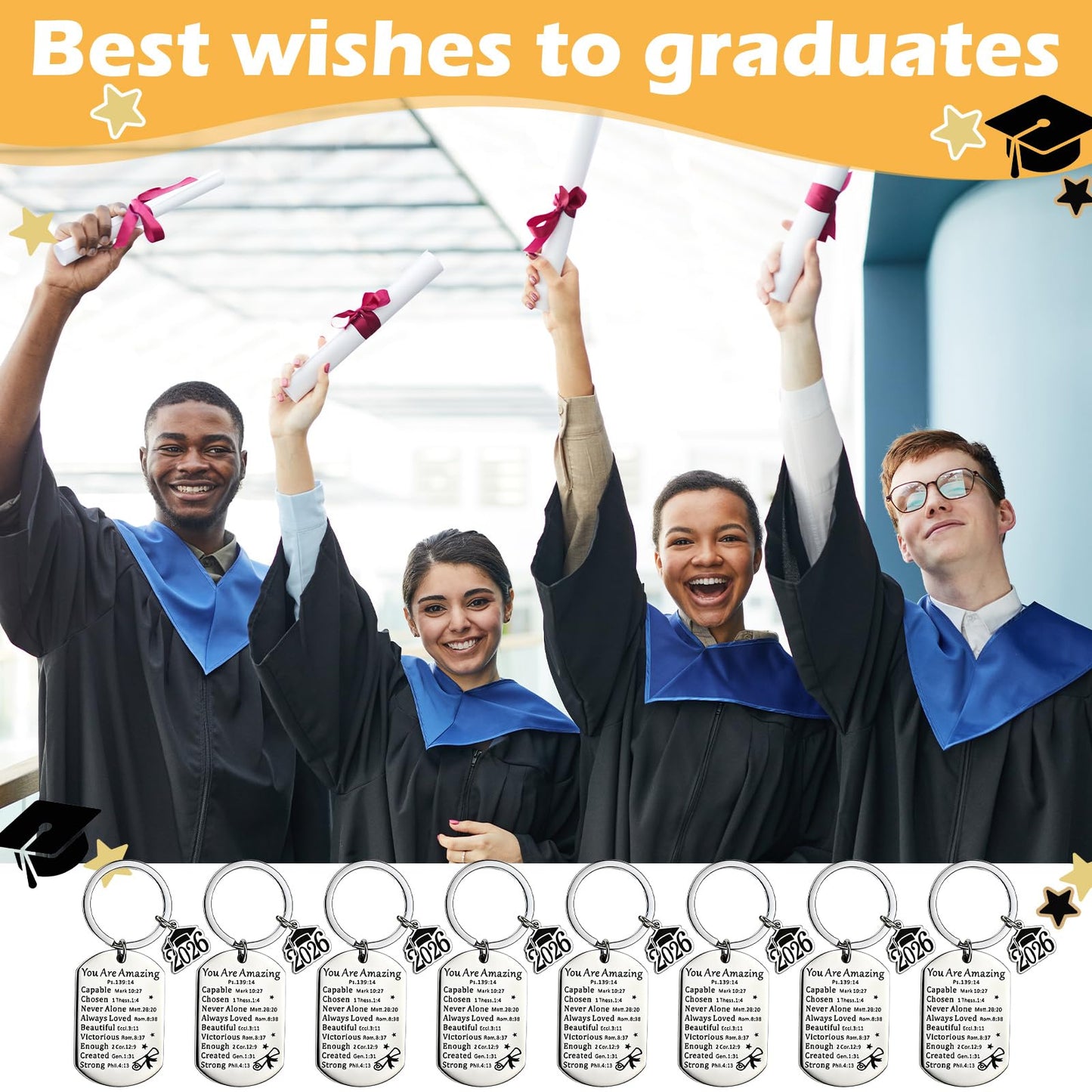Quelay 12 Sets Graduation Keychain Gift Graduation Christian Keyring with Doctoral Hat Gift Box for Class of 2026 Grad