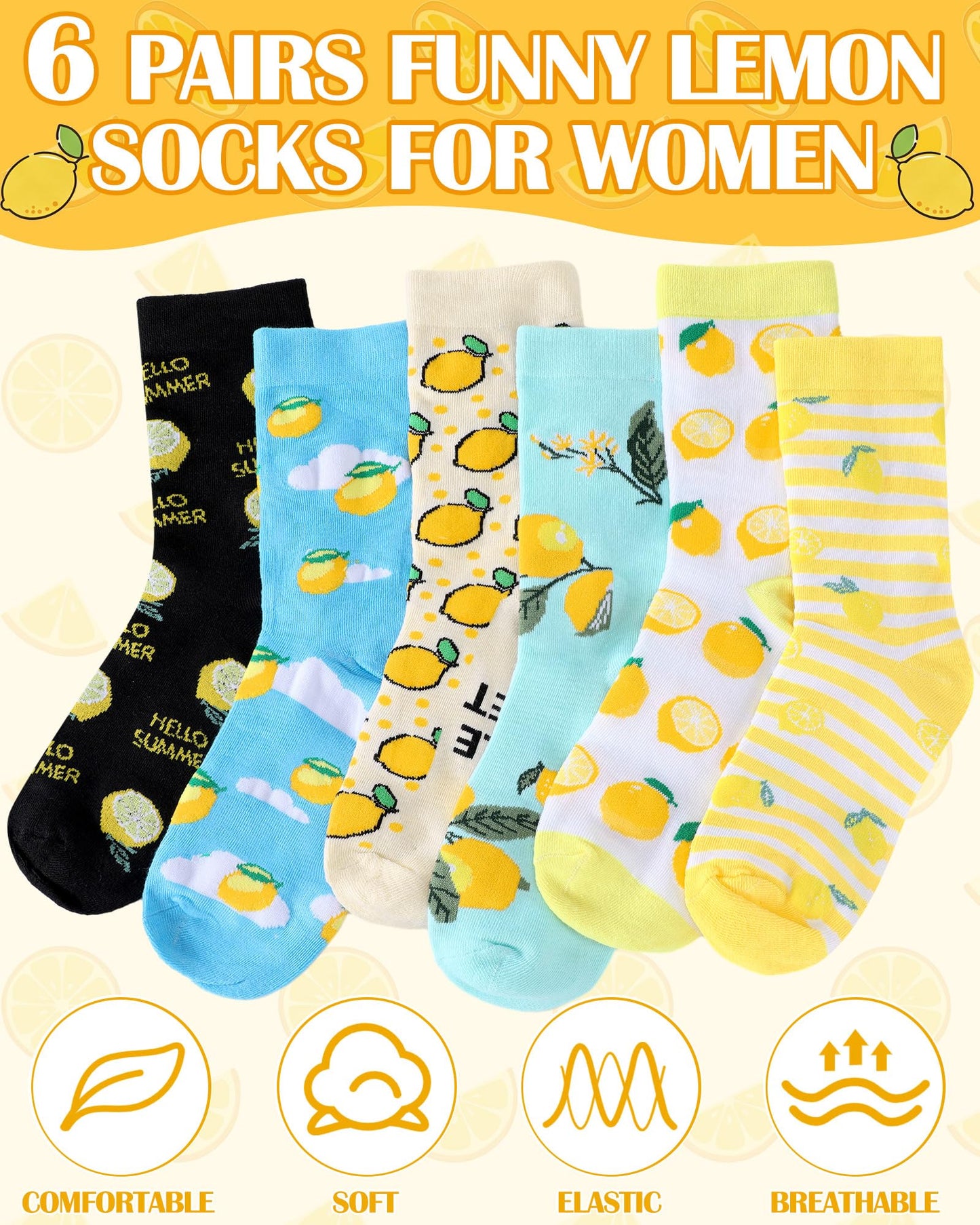 Skicuff 6 Pairs Funny Lemon Socks for Women Girls Lemon Themed Gifts Novelty Fruit Casual Crew Socks with Humor Sayings for Summer Fruit Party Favors Mother's Day Birthday Gifts