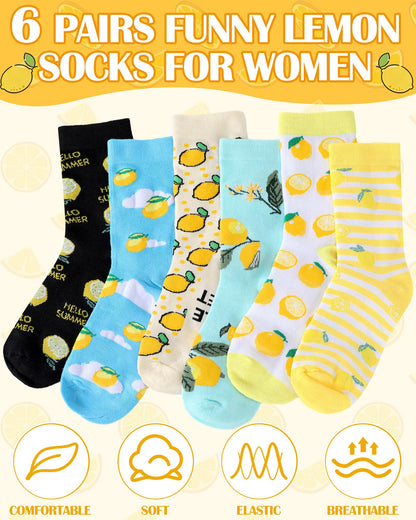 Skicuff 6 Pairs Funny Lemon Socks for Women Girls Lemon Themed Gifts Novelty Fruit Casual Crew Socks with Humor Sayings for Summer Fruit Party Favors Mother's Day Birthday Gifts