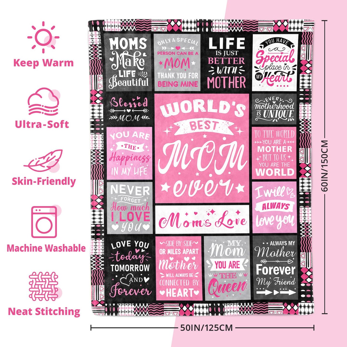 Moms Birthday Gifts from Daughter Son - Blanket Gifts for Mom - World's Best Mom Ever Gifts - Christmas Valentines Day Mothers Day Birthday Present for Moms - Mother Life Blanket 50"x60"