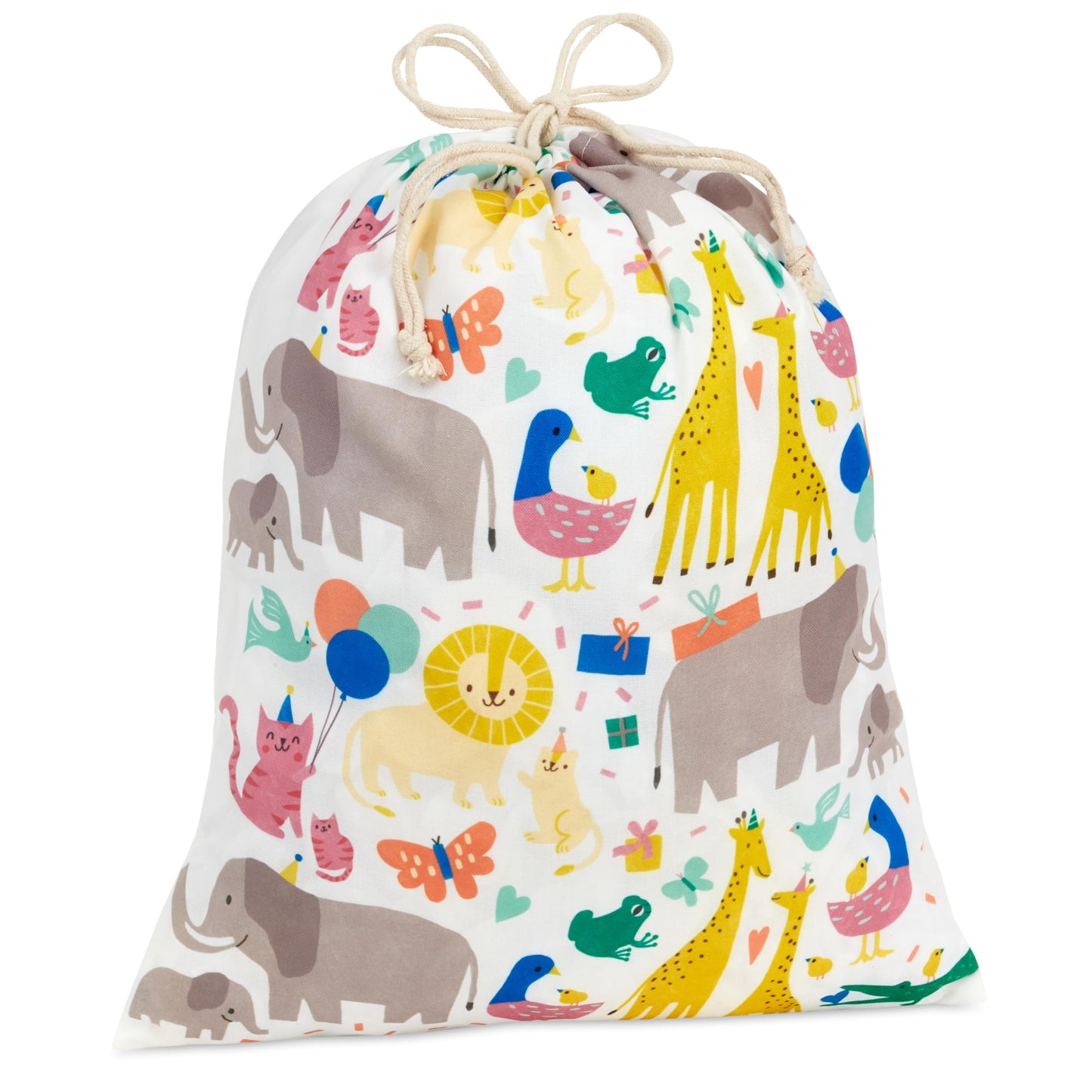 Hallmark 19" Large Canvas Drawstring Bag (Zoo Animals) Reusable Gift Bag for Baby Showers, Gender Reveal Parties, Kids Birthdays