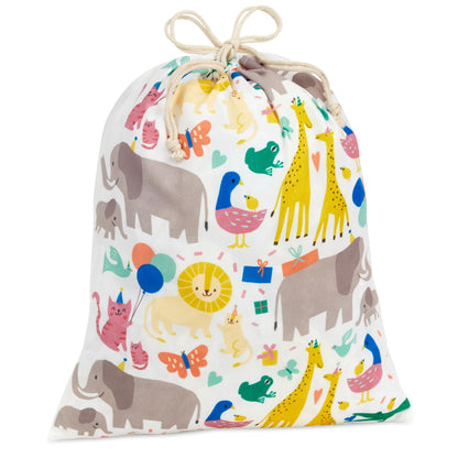 Hallmark 19" Large Canvas Drawstring Bag (Zoo Animals) Reusable Gift Bag for Baby Showers, Gender Reveal Parties, Kids Birthdays