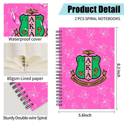 A-K-A Gifts 2pcs Spiral Notebook Sorority Gifts for Women Girl Sisters Inspirational Journal 1908 Pink and Green Sisterhood Writing Notebook (2 Spiral AKA pinklogo)