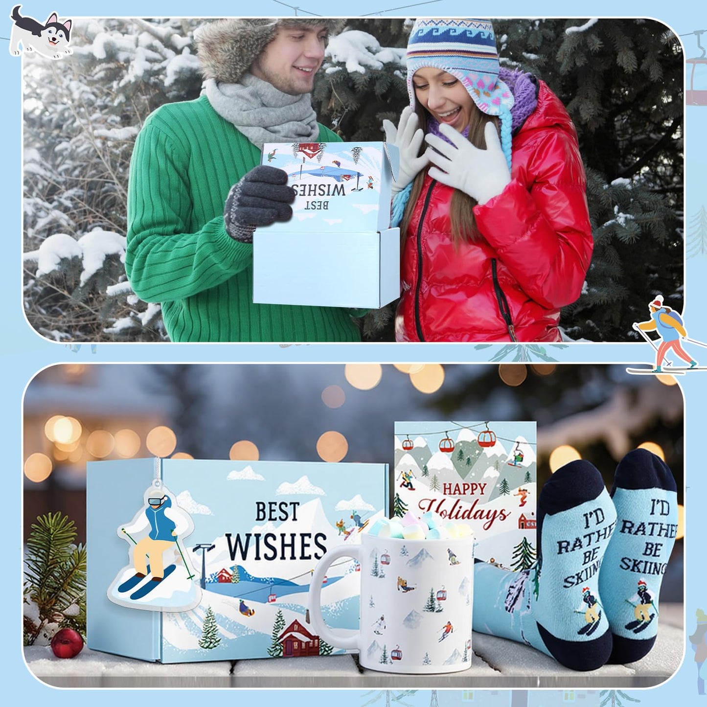 Potchen 6 Pcs Ski Gifts Set Winter Skiing Ceramic Mug, Socks for Skiers, Makeup Bag, Card, Acrylic Christmas Ornament and Box Skiing Accessories for Ski Lovers Women Men Snowboarder
