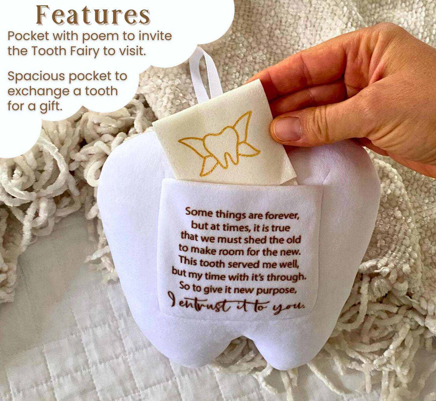 Squishie Tooth Fairy Pillow with Pocket and Poem | Tooth Fairy Gifts for Boys and Girls | Tooth Holder Plushie, Coy