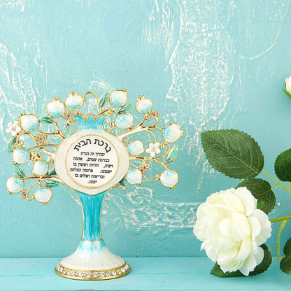 Matashi Hebrew Judaica Tree Shaped Home Blessing Standing Ornament w/Crystals (Pewter) Jewish Home Decor for Kitchen, Living, Family Room Housewarming Gift for Peace, Joy, Happiness, Success