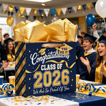TOTEUSVIA 13" Large Graduation Gift Bag, Blue Gold Congratulations Gift Bags for Class 2026 with Tissue Paper and Greeting Card