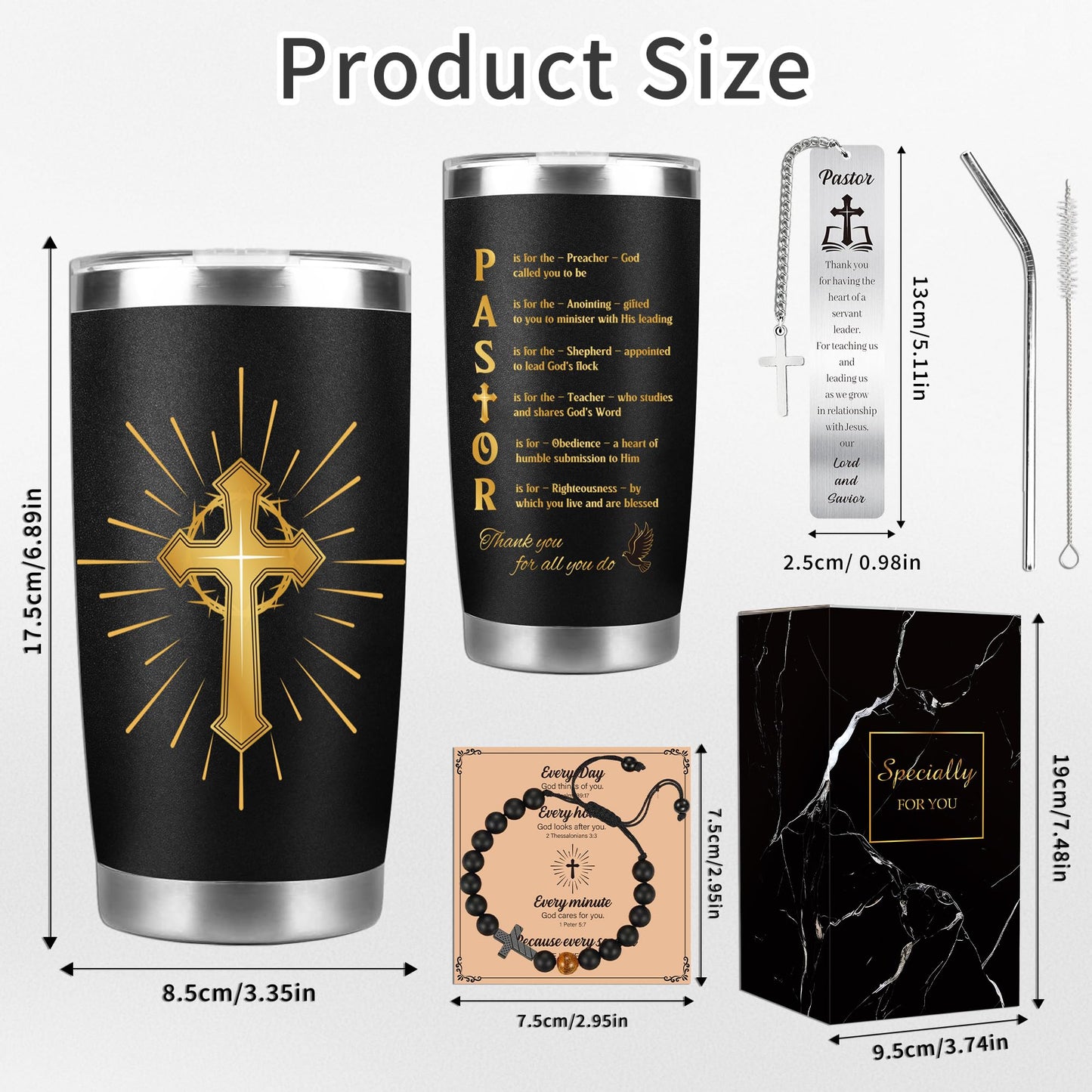 Pastor Appreciation Gifts for Men, Unique Pastor Gift Set, Thank You Gifts with Tumbler, Bracelet & Bookmark for Birthday Christmas Retirement, Present for Dad Husband Grandapa Friends