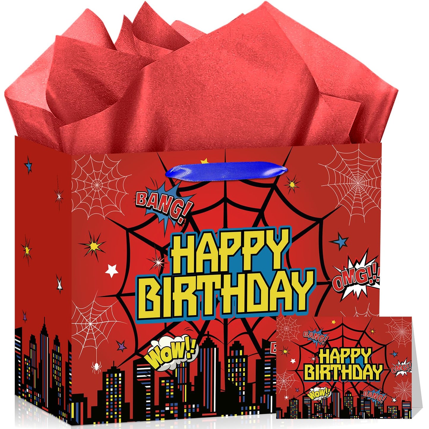 MOORIIY Hero Birthday Gift Bag with Greeting Card and Red Wrapping Paper, Spider Theme Birthday Gift Bag Red Heros Favors Bags for Men Kids Baby Shower Party Decor Supplies