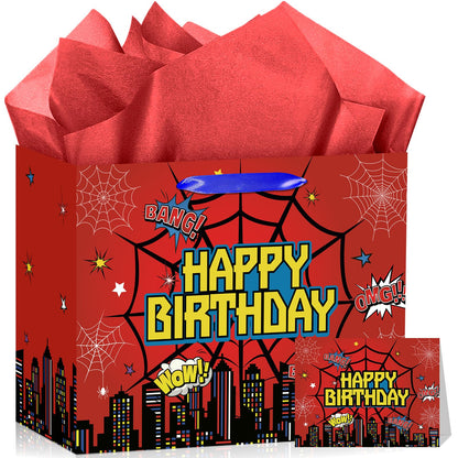 MOORIIY Hero Birthday Gift Bag with Greeting Card and Red Wrapping Paper, Spider Theme Birthday Gift Bag Red Heros Favors Bags for Men Kids Baby Shower Party Decor Supplies