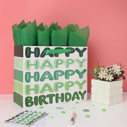 Qirrmiy 13'' Large Green Happy Birthday Gift Bag Set with Handles, Greeting Card, Tissue Papers and Stickers for Women Girls Men Boys Kids Teens, Words Design, 1 Pcs