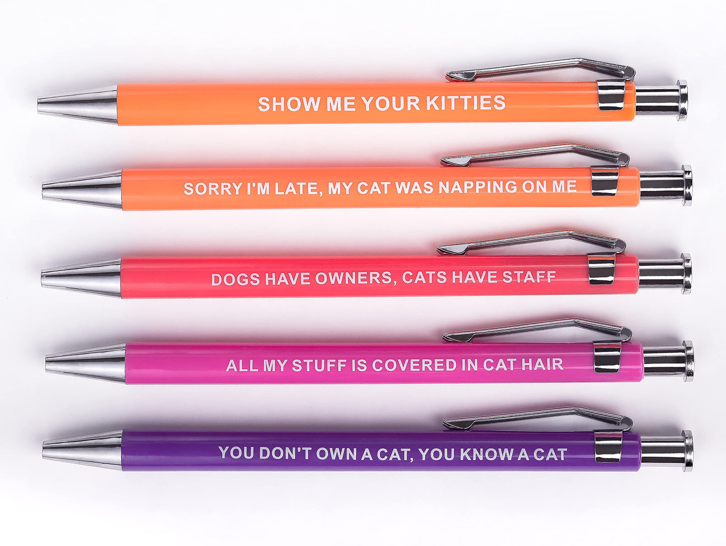 Funny Cat Pens 5-Pack Set, Black Ink Ballpoint Pens with Sarcastic Sayings for Writing, Gifts for Cat Lovers, Dad Gifts, Office Supplies, Desk Accessories