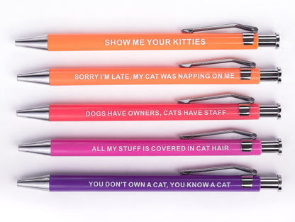 Funny Cat Pens 5-Pack Set, Black Ink Ballpoint Pens with Sarcastic Sayings for Writing, Gifts for Cat Lovers, Dad Gifts, Office Supplies, Desk Accessories