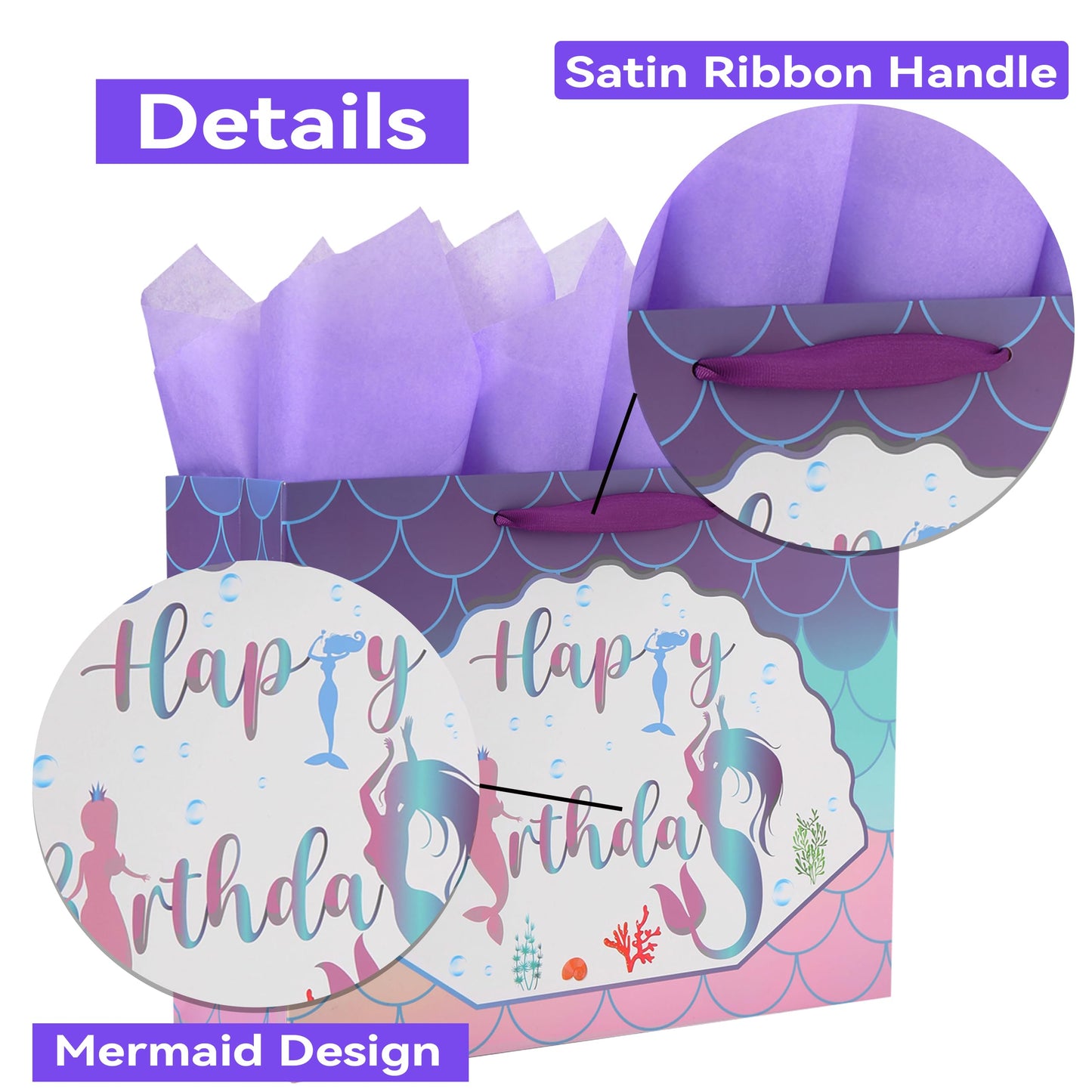 Qirrmiy 13" Large Purple Gift Bag Set with Greeting Card and Lavender Tissue Papers (Mermaid Design) for Girls' Birthday Party, Women's Birthday Parties, Baby Girl - 13”x5.2”x10.2”, 1 Pcs.