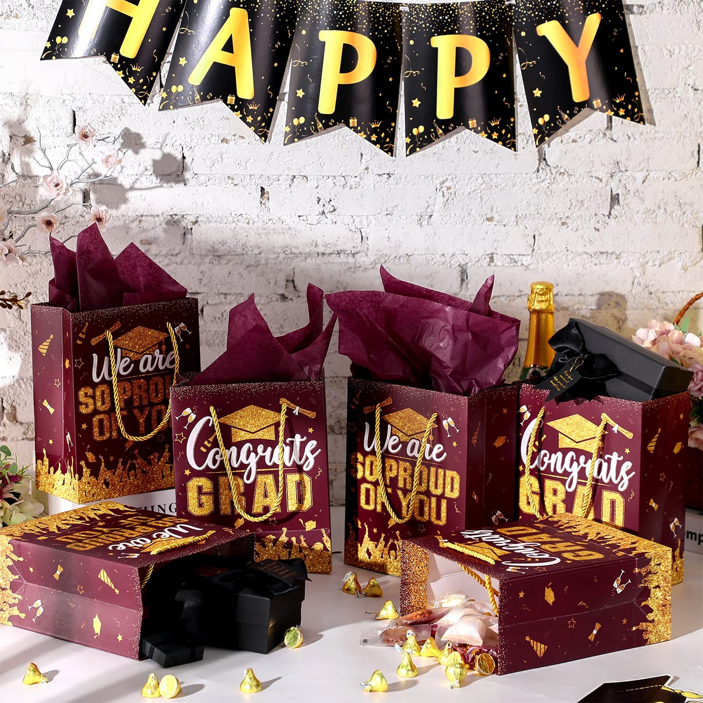 TaoBary 12 Pcs Graduation Gift Bags with Tissue Party Favor Bag Handles Class of 2026 Grad Paper Goodie Bulk for Congrats Supplies(Burgundy Gold)