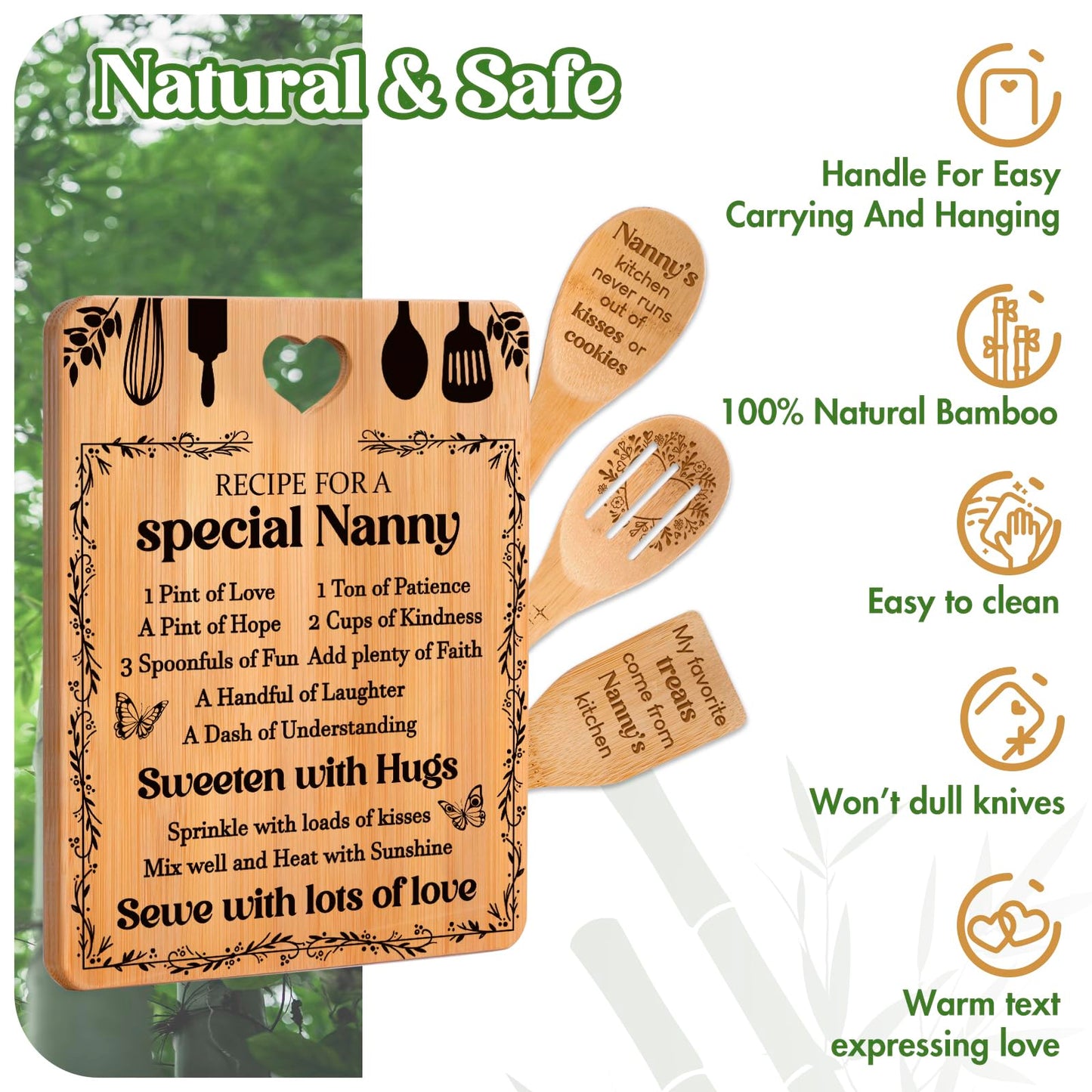 Gifts for Nanny - "Recipe for a Special Nanny" Nanny Gifts Cutting Board Set, Bamboo-Made Engraved Utensil Set Nanny Gifts for Grandma, Mothers Day Gifts for Nanny