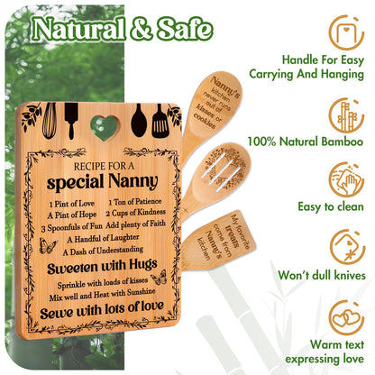 Gifts for Nanny - "Recipe for a Special Nanny" Nanny Gifts Cutting Board Set, Bamboo-Made Engraved Utensil Set Nanny Gifts for Grandma, Mothers Day Gifts for Nanny