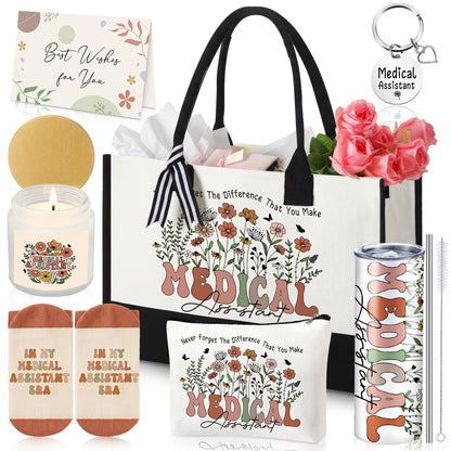 Patelai 7 Pcs Medical Assistant Appreciation Gifts for Women MA Assistants Graduation Recognition Gift Best Medical Assistant Ever Tote Bag Tumbler Candle Socks Nurse Week Hospital Week Gift