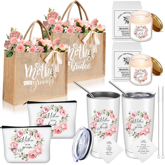 Hushee 2 Sets Mother of The Bride and Mother of The Groom Gifts Set Includes 20 oz Tumblers Canvas Tote Bags Cosmetic Bag Handkerchief Candle for Mom Bridal Shower Wedding Gifts