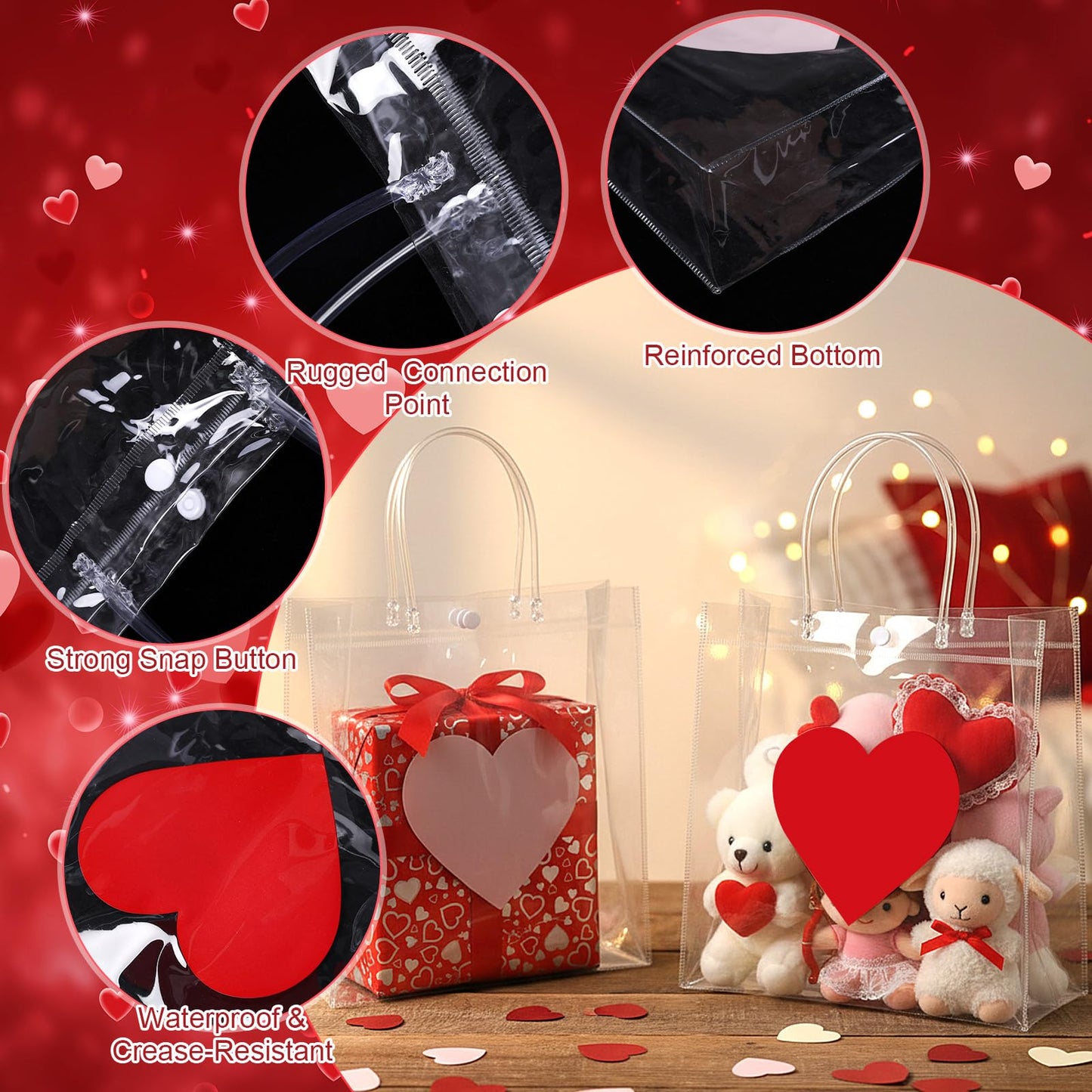 Aliceset 24 Pcs Heart Gift Bags Bulk Clear PVC Gift Bags with Handles Heart Pattern Reusable Transparent Tote for Party Favors Candy Treat Mother's Day (Mom, 9.84"x 9.84"x 3.54")