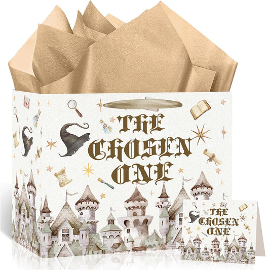 Magical Wizard 1st Birthday Gift Bag for Boys Girls The Chosen One Large Vintage Castle Happy 1st Birthday Gift Bag with Wrapping Paper Card for Magic Witch One Year Old Bday Decorations Party