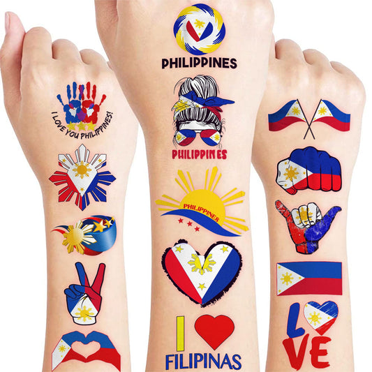 96 PCS Philippines Flag Temporary Tattoos for Kids - Pre-Cut Filipino Sun & Stars Fake Tattoo Stickers for Birthday Party Favors, Carnival Rewards & Pride Decorations, Gifts For Boys Girls